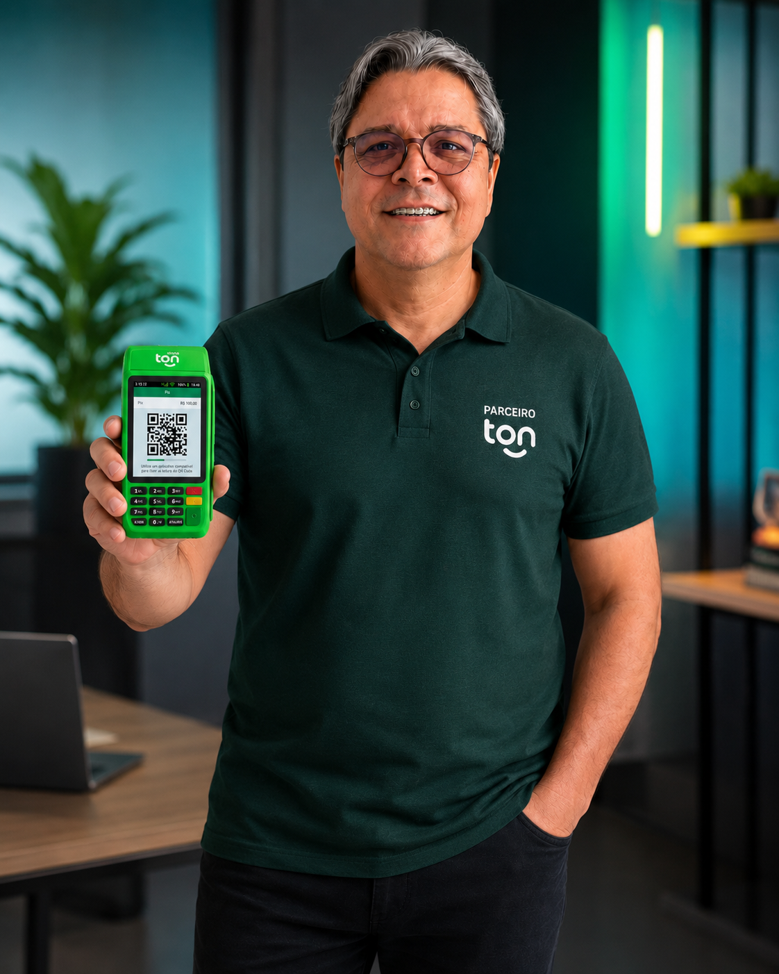 Sérgio Martins segurando uma maquininha Ton